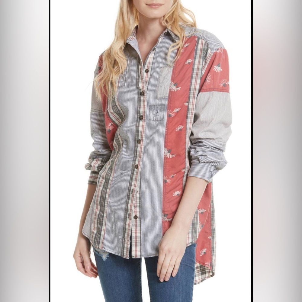 Free People Distressed Patchwork Shirt XS